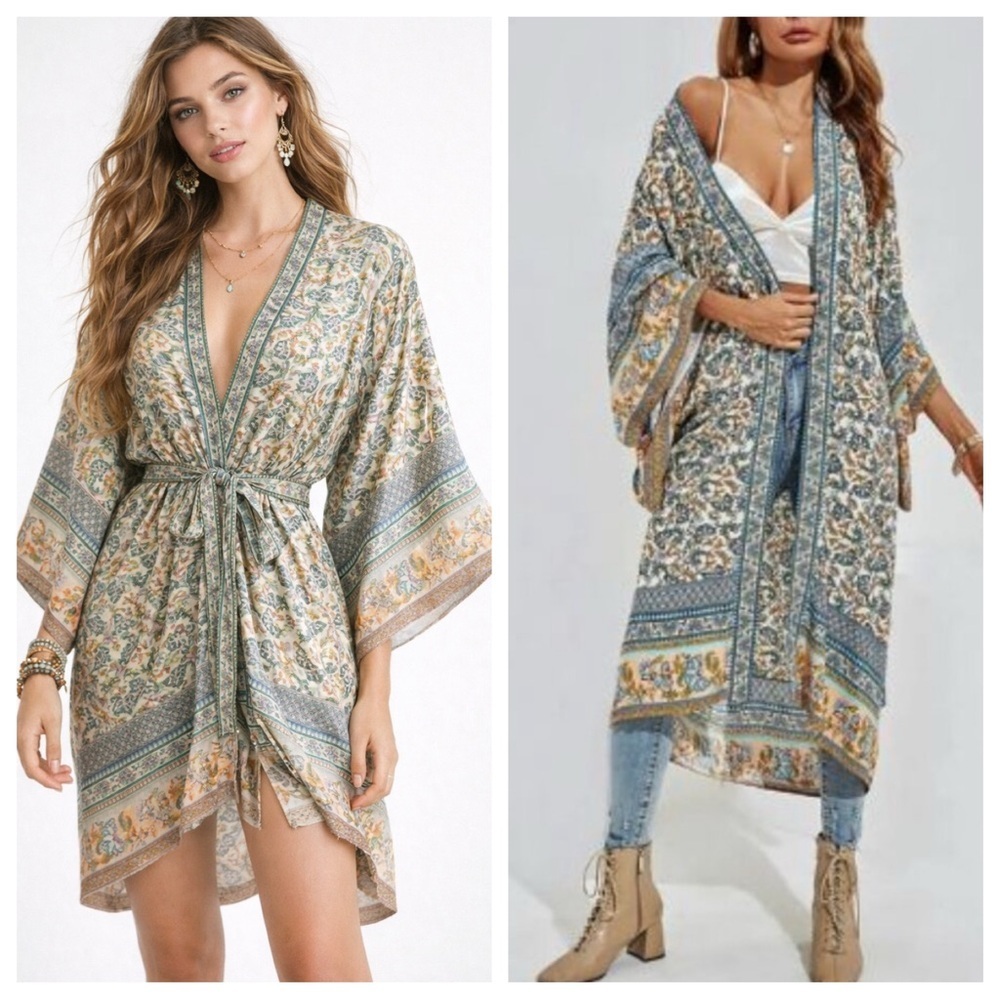World Market Women's Blue Floral Boho Kimono Robe One Size 54226